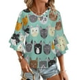 thumbnail image 1 of Cute Cats Face Women's V-Neck Blouse With 3/4 Ruffled Bell Sleeves Casual Top Ladies Blouses, 1 of 7