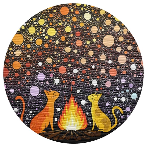 Cute Cats Fire Starry Night PVC Round Grid Placemat Table Mat 1 Pc 15.4" x 15.4"