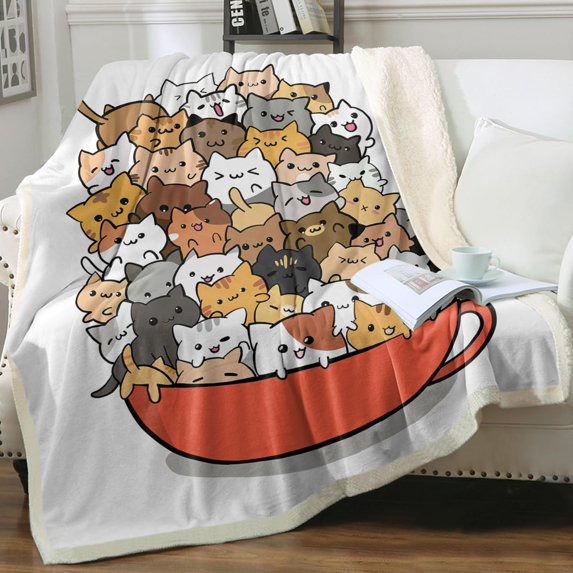 Cute Cats Fleece Throw Blanket for Couch Chair Fuzzy Kitten in Teacup Print Plush Sherpa Blanket Gifts for Cat Lovers, Throw(50" X 60")