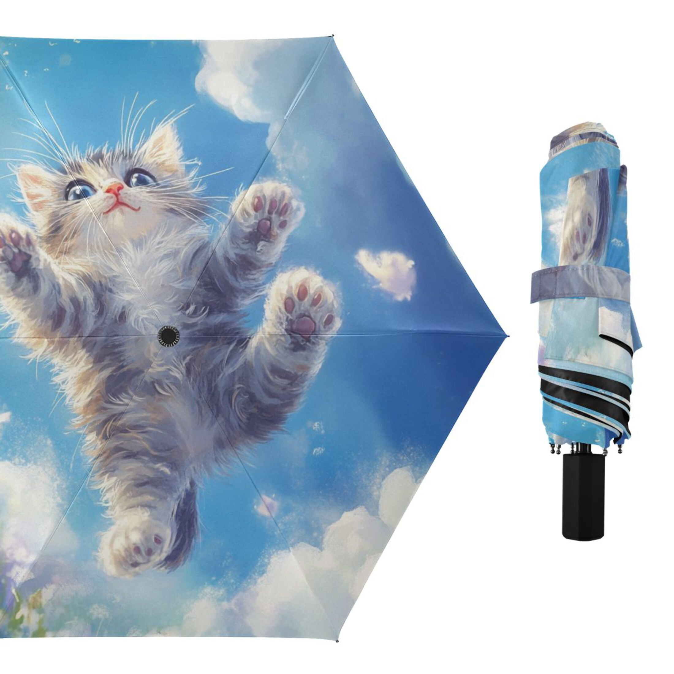 Cute Cats Flying on Floral Field All Weather Umbrella Triple Folding Parasol 6 Ribs UV Protection Portable