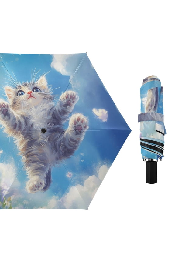 Cute Cats Flying on Floral Field All Weather Umbrella Triple Folding Parasol 6 Ribs UV Protection Portable