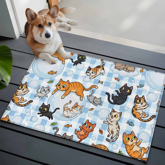 Cute Cats Front Door Rugs 2x3 ft Black Orange Gray Cat Bubbles Fishes Cartoon Blue Plaid Small Rug for Entryway Non Slip Washable Bathroom Door Mat Absorbent Floor Mat for Indoor Entrance