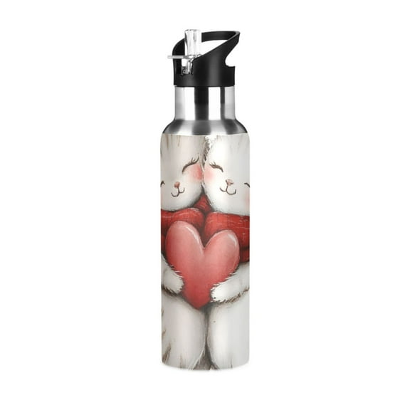Cute Cats Hug with Hearts Valentine Sports Bottle with Straw Stainless Steel Water Jug Portable Thermal Cup Leak-proof 600ML