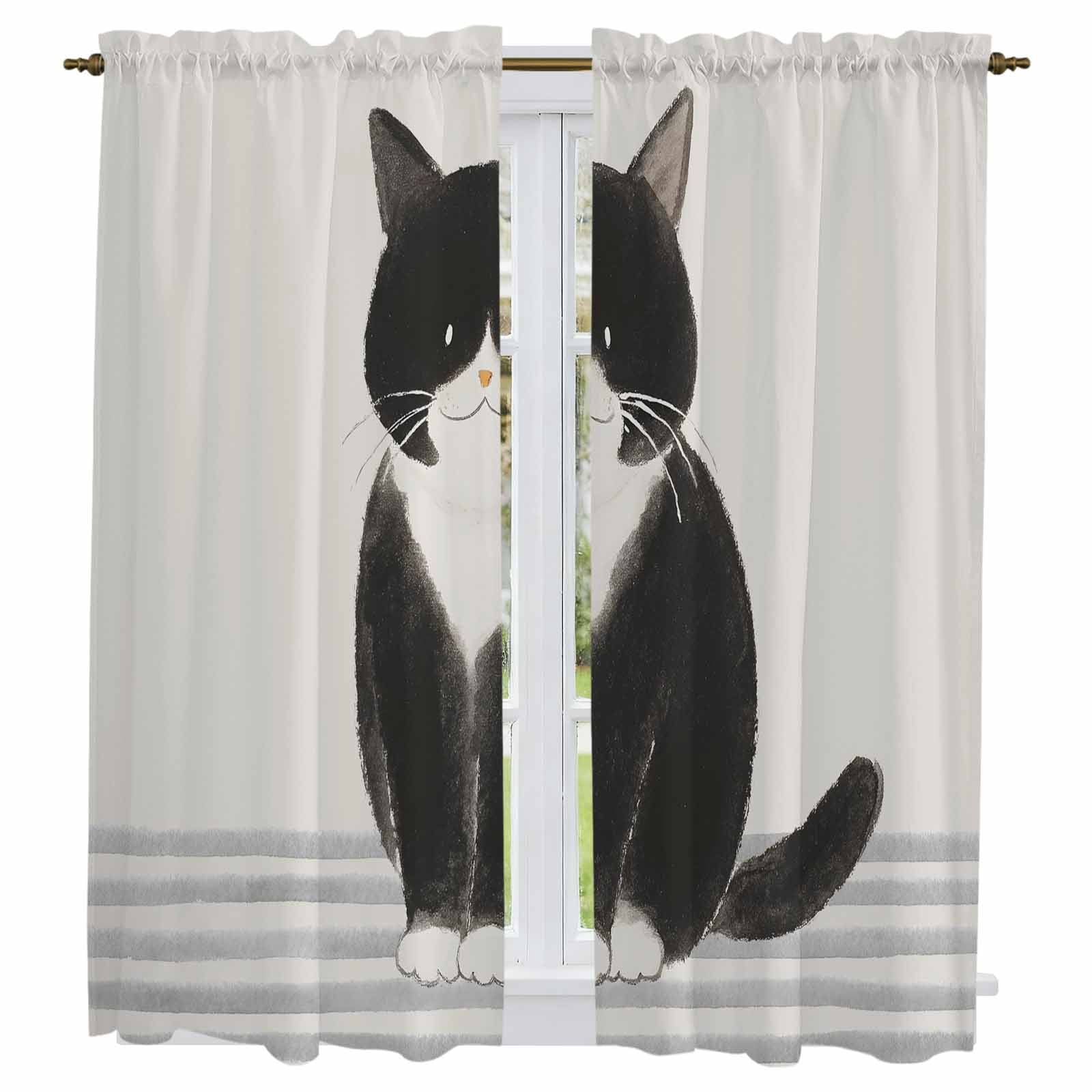 Cute Cats Kitchen Curtains 63 Inch Length, Modern Abstract Ink Painting ...
