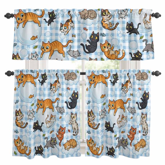 Cute Cats Kitchen Curtains Valances and Tiers Set of 3 Black Orange Gray Cat Bubbles Fishes Cartoon Blue Plaid Tier Curtains and Valance with Rod Pocket for Small Windows, 27.5"x36"
