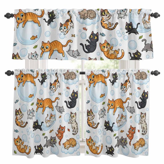 Cute Cats Kitchen Curtains Valances and Tiers Set of 3 Black Orange Gray Cat Bubbles Fishes Cartoon Tier Curtains and Valance with Rod Pocket for Small Windows, 27.5"x36"