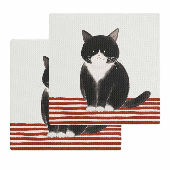 Cute Cats Kitchen Dish Towels for Drying Dishes Set of 2, Modern Abstract Ink Painting Red Striped Waffle Weave Microfiber Hand Tea Bathroom Towels Quick Dry & Absorbent Towel 12x12