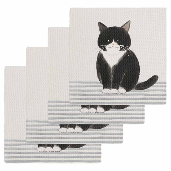 Cute Cats Kitchen Dish Towels for Drying Dishes Set of 4, Modern Abstract Ink Painting Gray Striped Waffle Weave Microfiber Hand Tea Bathroom Towels Quick Dry & Absorbent Towel 12x12