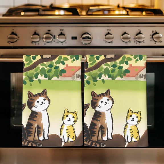 Cute Cats Kitchen Towels Set of 1, Japanese Owls Animals Country Leaves Rustic Absorbent Dish Towels for Kitchen, Microfiber Hand Towel, Quick Drying Tea Towel for Cleaning Decorative Dishcloths