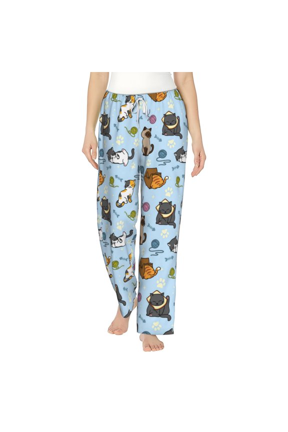 Cute Cats Kitten Women's Comfy Pajama Pants with Pockets,Soft Stretch Drawstring Lounge Pants, Soft Casual Wide Leg PJS Sleep Bottoms X-Large