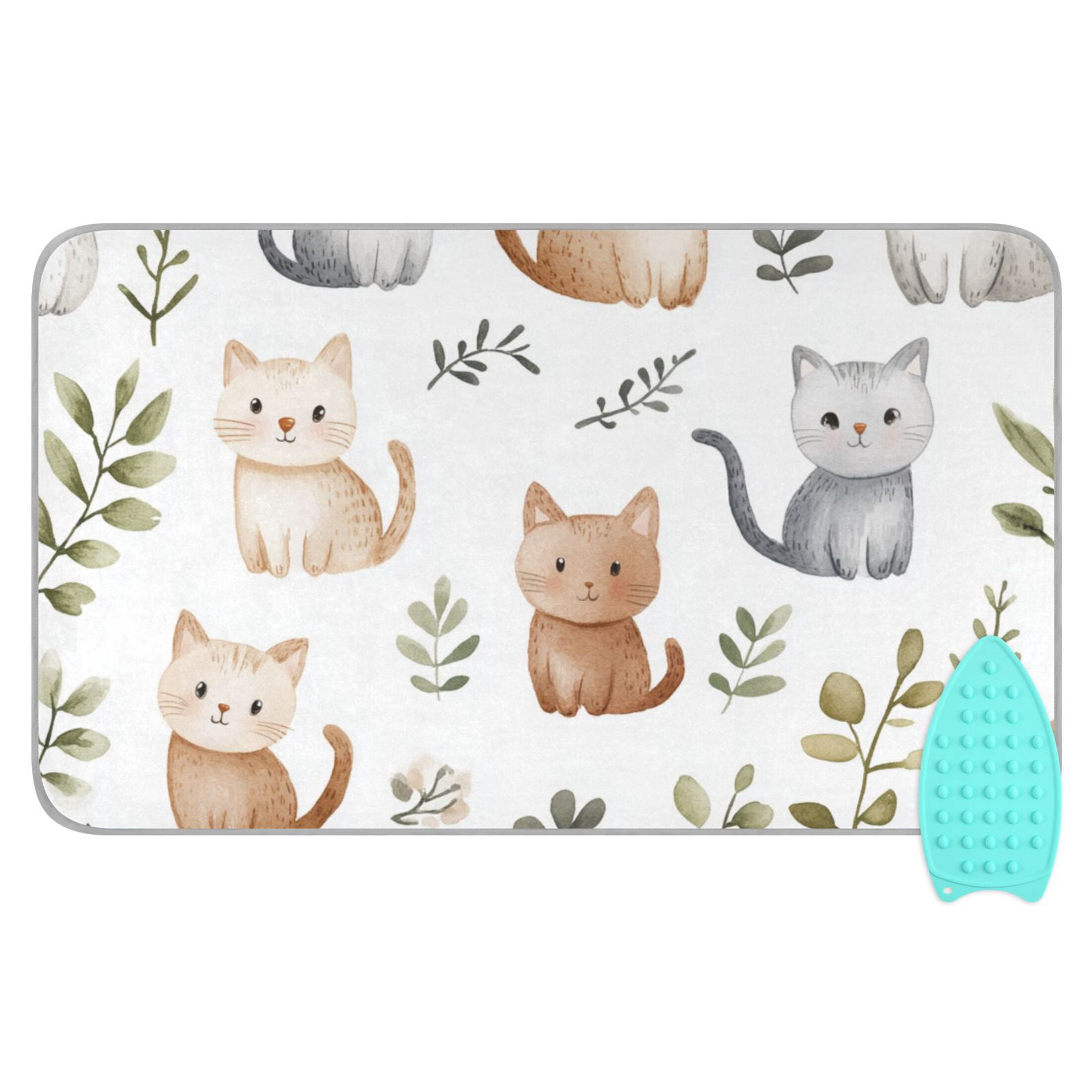 Cute Cats Leaves Watercolor Painting Ironing Mat Blanket Portable Travel Ironing Pad Heat Resistant Pad 47.2" x 27.6”