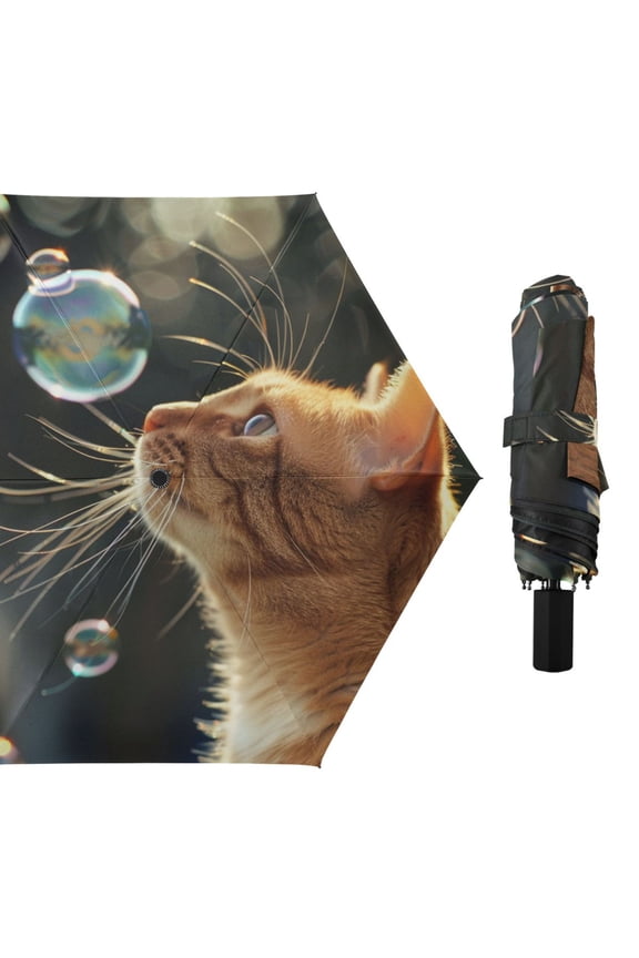 Cute Cats Look at The Bubbles All Weather Umbrella Triple Folding Parasol 6 Ribs UV Protection Portable