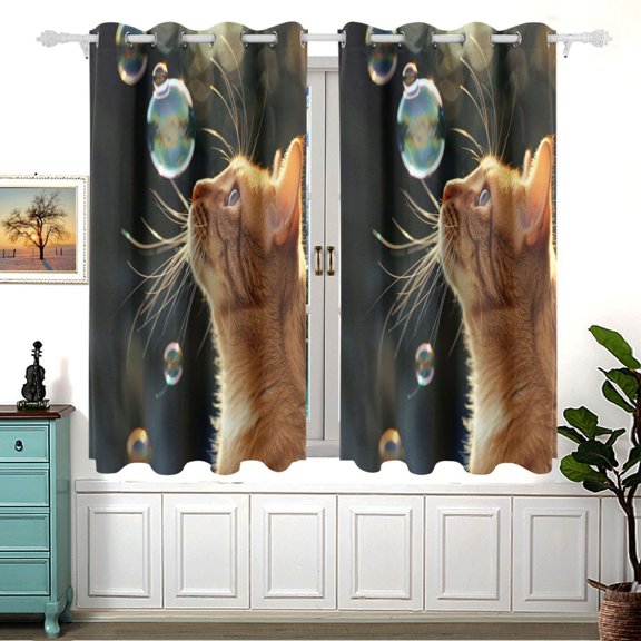 Cute Cats Look at The Bubbles Window Curtains Drapes with Grommets Light Filtering 2 Panels 54" x 55"