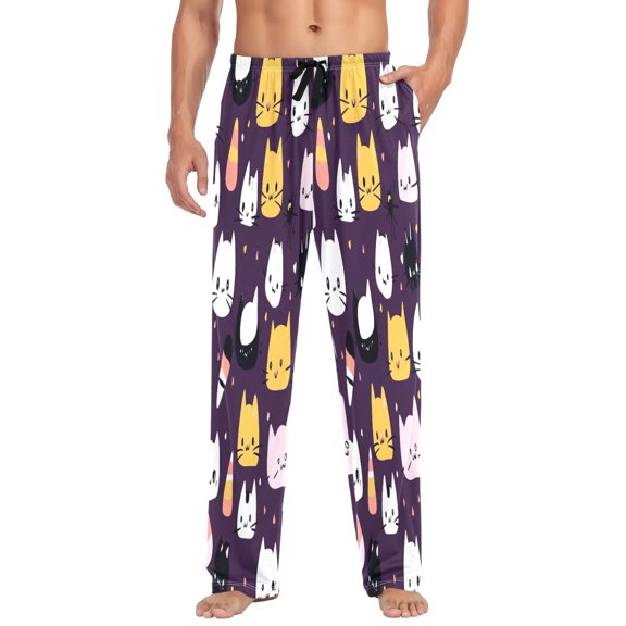 Cute Cats Mens Cotton Pajama Pants Long Staple Lightweight Sleep Bottoms with Pockets Breathable