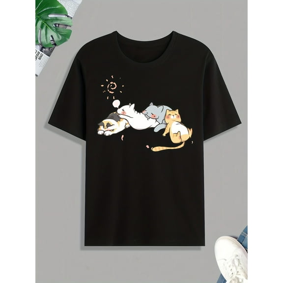 Cute Cats Napping Print Tee Shirt, Tee For Men, Casual Short Sleeve T-shirt For Summer Spring Fall, Tops As Gifts