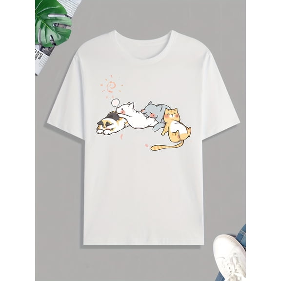 Cute Cats Napping Print Tee Shirt, Tee For Men, Casual Short Sleeve T-shirt For Summer Spring Fall, Tops As Gifts