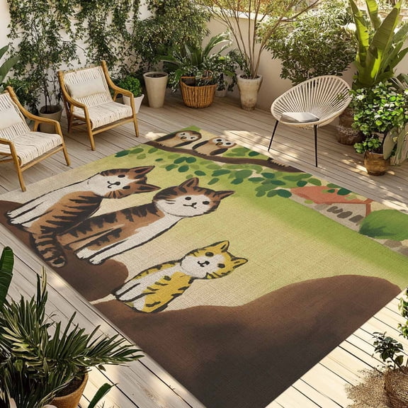 Cute Cats Outdoor Rug 5x7 Ft - Reversible Patio Rug Outdoor Camping Rugs, Japanese Owls Animals Country Leaves Vintage Washable Indoor Outdoor Area Rugs, Non-Slip Outdoor Carpet Runner for Deck/Porch