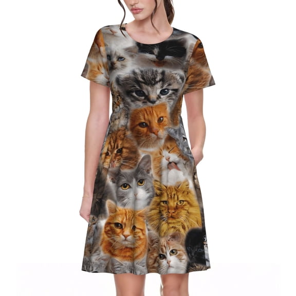 Cute Cats Pattern Women's Dresses Short Sleeve Nightdresses for Summer