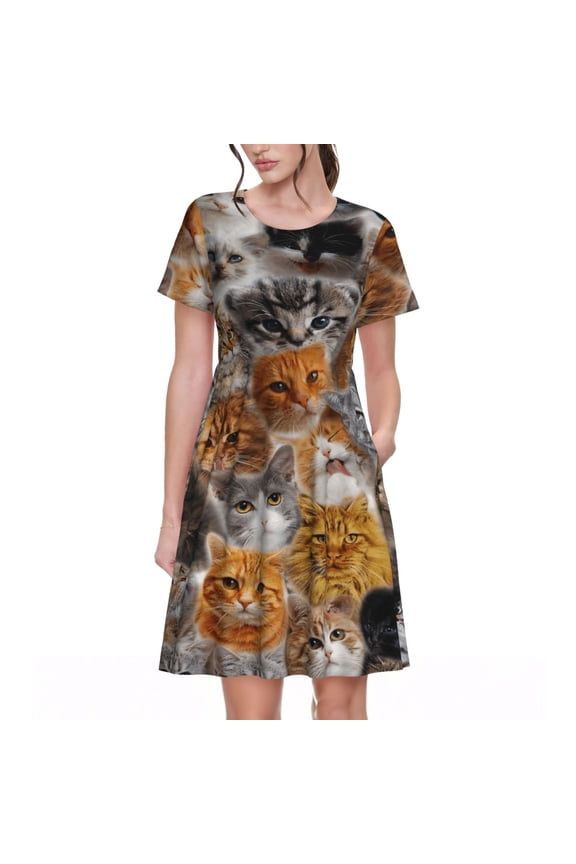 Cute Cats Pattern Women's Dresses Short Sleeve Nightdresses for Summer