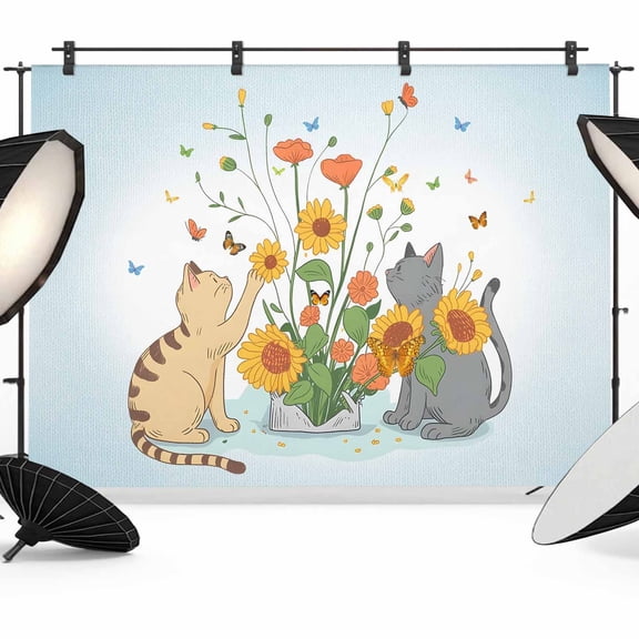 Cute Cats Photography Backdrop 7x5FT, Yellow Red Flower Butterflies Leaf Gradient Blue Photo Backdrops, Background for Photography Studio Photo Studio Background, Back Drop for Photoshoot