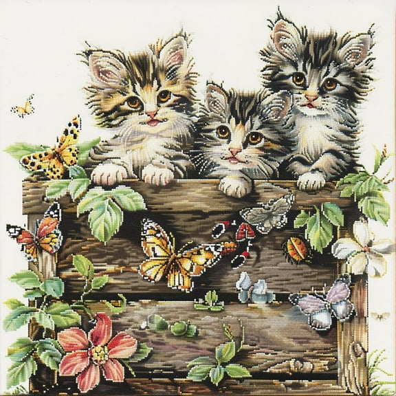 Cute Cats Playing with Butterflies DIY 11CT Stamped Cross Stitch Kits for Beginners Easy Needlepoint Embroidery Counted Cross Stitch Art Craft for Wall Decoration 14x14inch(1)