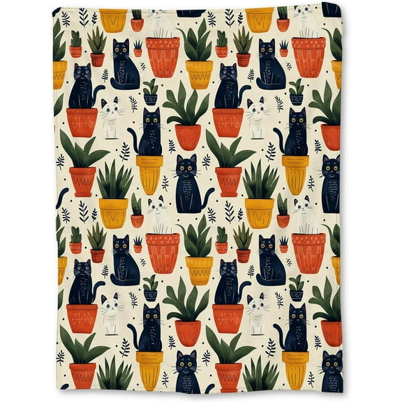 Cute Cats Potted Plants Blanket Soft Lightweight Cozy Flannel Throw Blanket for Adults Kids Pet Lovers, Warm Fuzzy Blankets for Couch, Bed, Travel, Outdoor, Home Decor 60×50 in