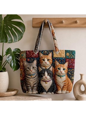 Cute Cats Quilted Tote Bag, Patchwork Cat Handbag, Floral Kitty Tote Gift for Cat Lover Women