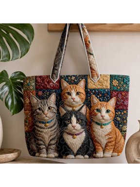 Cute Cats Quilted Tote Bag, Personalized Patchwork Cat Handbag, Floral Kitty Tote Gift for Cat Lover Women