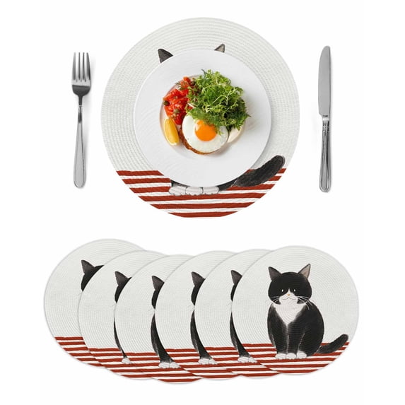Cute Cats Round 13 Inch Placemats Set of 6, Modern Abstract Ink Painting Red Striped HeatResistant Non Slip Place Mats for Dining Table, Wipeable Braided Kitchen Table Mats for Housewarming