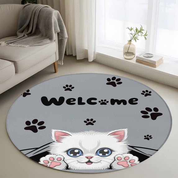 Cat Food Rug Cute Cats Round Area Rug 4Ft Washable Circle Rugs for Bedroom Dining ...