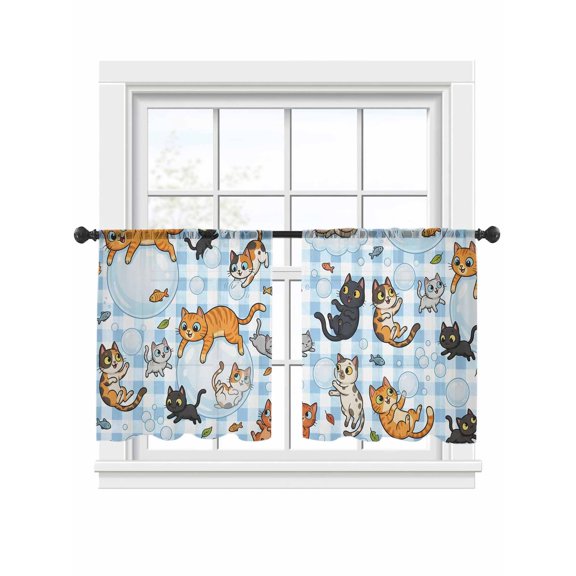 Cute Cats Sheer Curtains 2 Panels Set Black Orange Gray Cat Bubbles Fishes Cartoon Blue Plaid Sheer Window Curtains Light Filtering Rod Pocket Voile Drapes for Bedroom Living Room 52"x45"