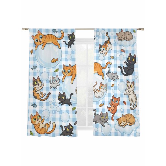 Cute Cats Sheer Curtains 2 Panels Set Black Orange Gray Cat Bubbles Fishes Cartoon Blue Plaid Sheer Window Curtains Light Filtering Rod Pocket Voile Drapes for Bedroom Living Room 52"x63"