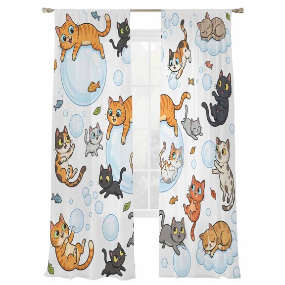 Cute Cats Sheer Curtains 2 Panels Set Black Orange Gray Cat Bubbles Fishes Cartoon Sheer Window Curtains Light Filtering Rod Pocket Voile Drapes for Bedroom Living Room 52"X96"