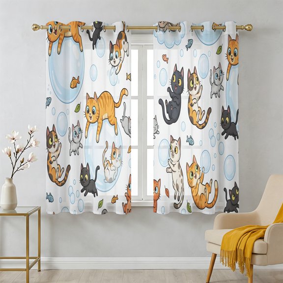 Cute Cats Sheer Curtains 39 Inch Long 2 Panels, Black Orange Gray Cat Bubbles Fishes Cartoon Light Filtering Semi Sheer Drapes Grommet Voile Window Curtain for Living Bedroom W27.9 x L39