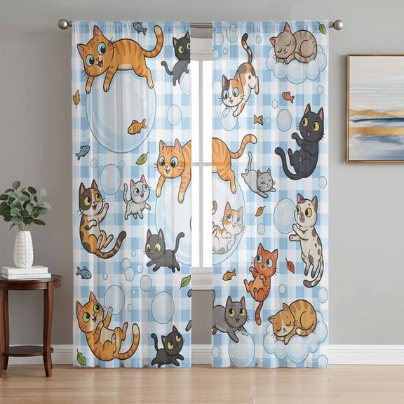 Cute Cats Sheer Curtains for Living Room Bedroom, Black Orange Gray Cat Bubbles Fishes Cartoon Blue Plaid Light Filtering Sheer Curtain Rod Pocket Voile Window Treaments Drapes, 52 x 108 Inches
