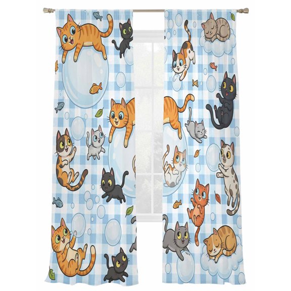 Cute Cats Sheer Curtains for Living Room Bedroom, Black Orange Gray Cat Bubbles Fishes Cartoon Blue Plaid Light Filtering Sheer Curtain Rod Pocket Voile Window Treatments Drapes, 52 x 108 Inches