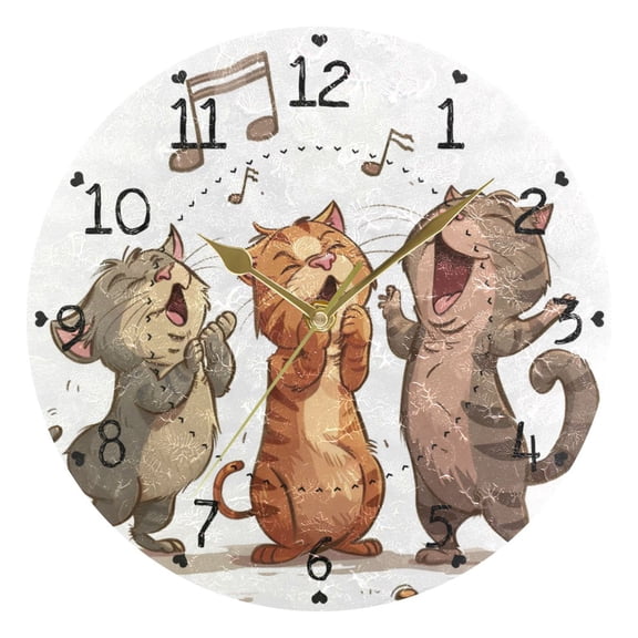 Cute Cats Singing Round Wall Clock Silent Analog Battery Operated Gold Pointer Home Decor 9.84" Diameter