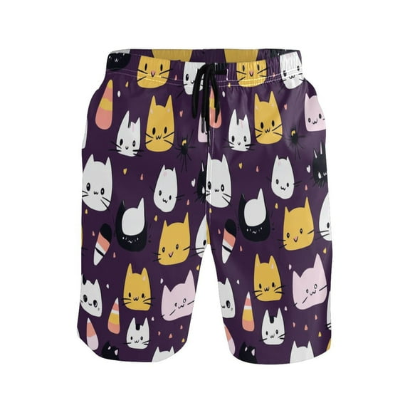 Cute Cats Small Size Men's Lightweight Beach Shorts with Mesh Lining, Quick Dry