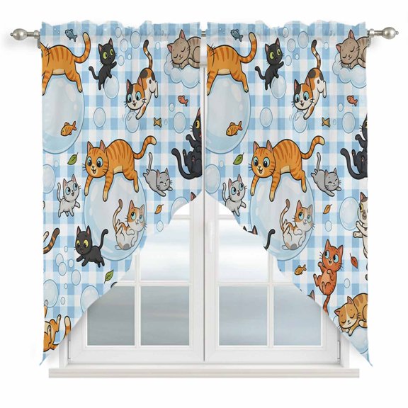 Cute Cats Swag Curtain Valance for Window 2 Panels Black Orange Gray Cat Bubbles Fishes Cartoon Blue Plaid Rod Pocket Small Window Swag Valances for Kitchen Bedroom Bathroom 36" W x 63" L