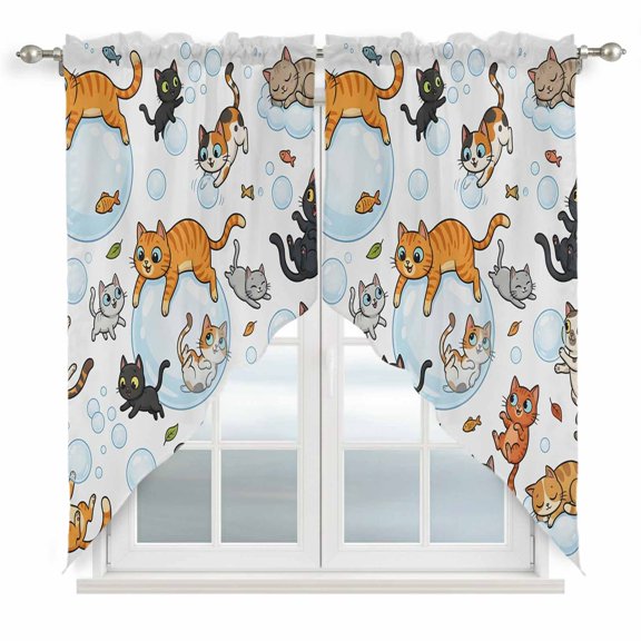 Cute Cats Swag Curtain Valance for Window 2 Panels Black Orange Gray Cat Bubbles Fishes Cartoon Rod Pocket Small Window Swag Valances for Kitchen Bedroom Bathroom 36" W x 36" L