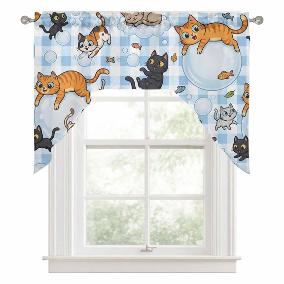 Cute Cats Swag Curtain Valance for Windows, Black Orange Gray Cat Bubbles Fishes Cartoon Blue Plaid Swag Curtains Drapes Rod Pocket for Kitchen Bathroom Small Window, 1 Panel 56x36in