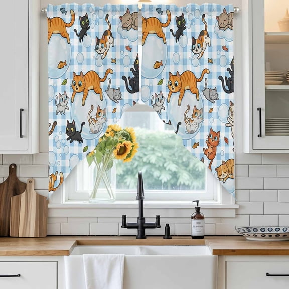 Cute Cats Swag Curtain Valance for Windows, Black Orange Gray Cat Bubbles Fishes Cartoon Blue Plaid Window Treatments Short Swag Topper for Kitchen Windows Bathroom Bedroom, 36"x63"