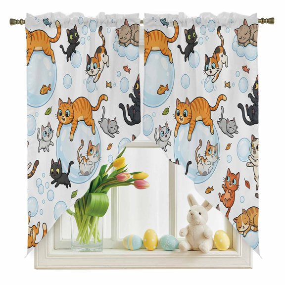 Cute Cats Swag Kitchen Curtain Valances, Black Orange Gray Cat Bubbles Fishes Cartoon Rod Pocket Curtains Window Treatment Decor Valances for Bedroom Bathroom, 2 Panels 36 x 36 Inch