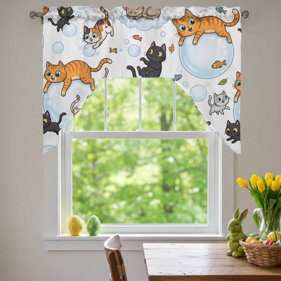 Cute Cats Swag Valances for Kitchen Window, Black Orange Gray Cat Bubbles Fishes Cartoon Small Swag Valances Rod Pocket Curtain Drapes Window Treatment for Bedroom Bathroom, 56x36 Inch