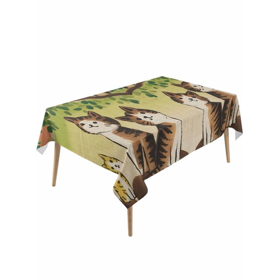 Cute Cats Table Cloth, Waterproof Tablecloth for Rectangle Tables, Japanese Owls Animals Country Leaves Vintage Reusable Washable Fabric Table Cover for Restaurant Kitchen Dining Tables 54"x108"