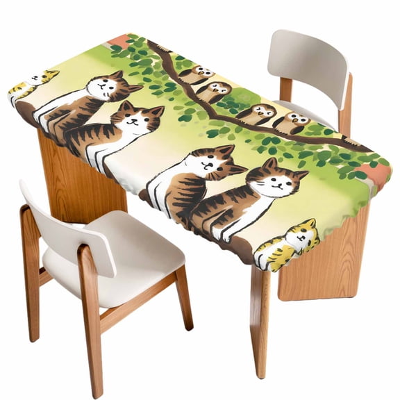 Cute Cats Table Cloths for 4 Foot Rectangle Tables, Japanese Owls Animals Country Leaves Rustic Patio Waterproof Elastic Fitted Tablecloths, Washable Rectangular Table Cover for Camping