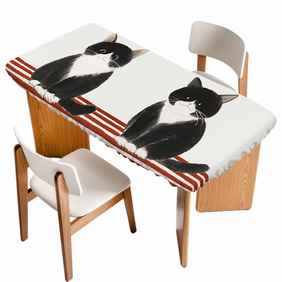 Cute Cats Table Cloths for 5 Foot Rectangle Tables, Modern Abstract Ink Painting Red Striped Patio Waterproof Elastic Fitted Tablecloths, Washable Rectangular Table Cover for Camping