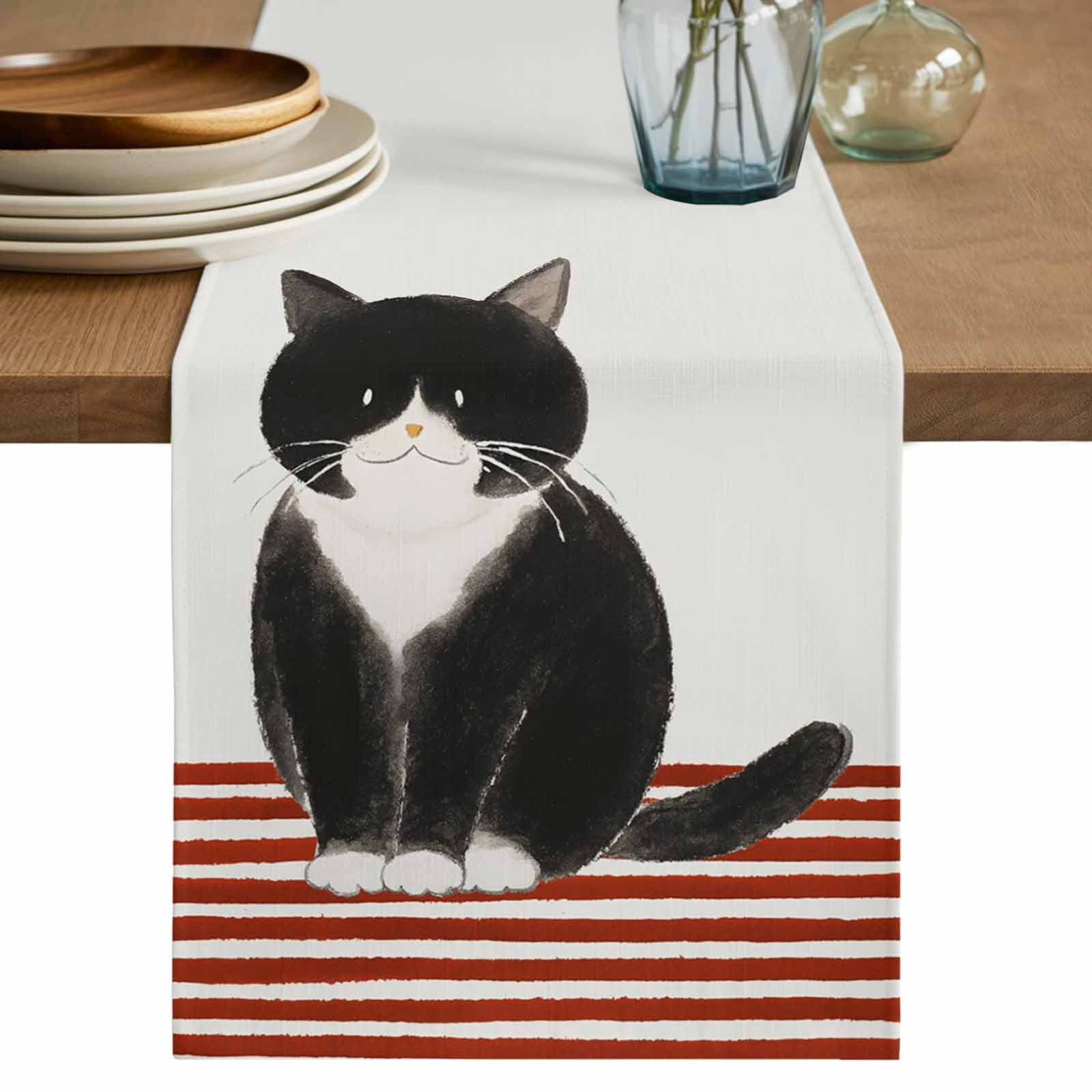 Cute Cats Table Runner 72 Inches, Modern Abstract Ink Painting Red ...