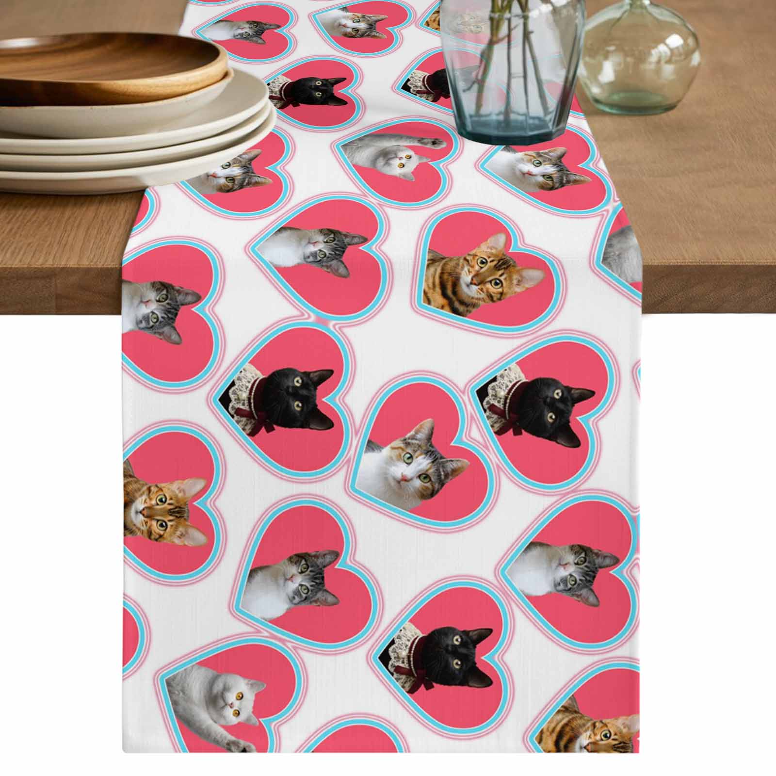 Cute Cats Table Runner 72 Inches, Pink Love Hearts Lovely Pets Bed ...