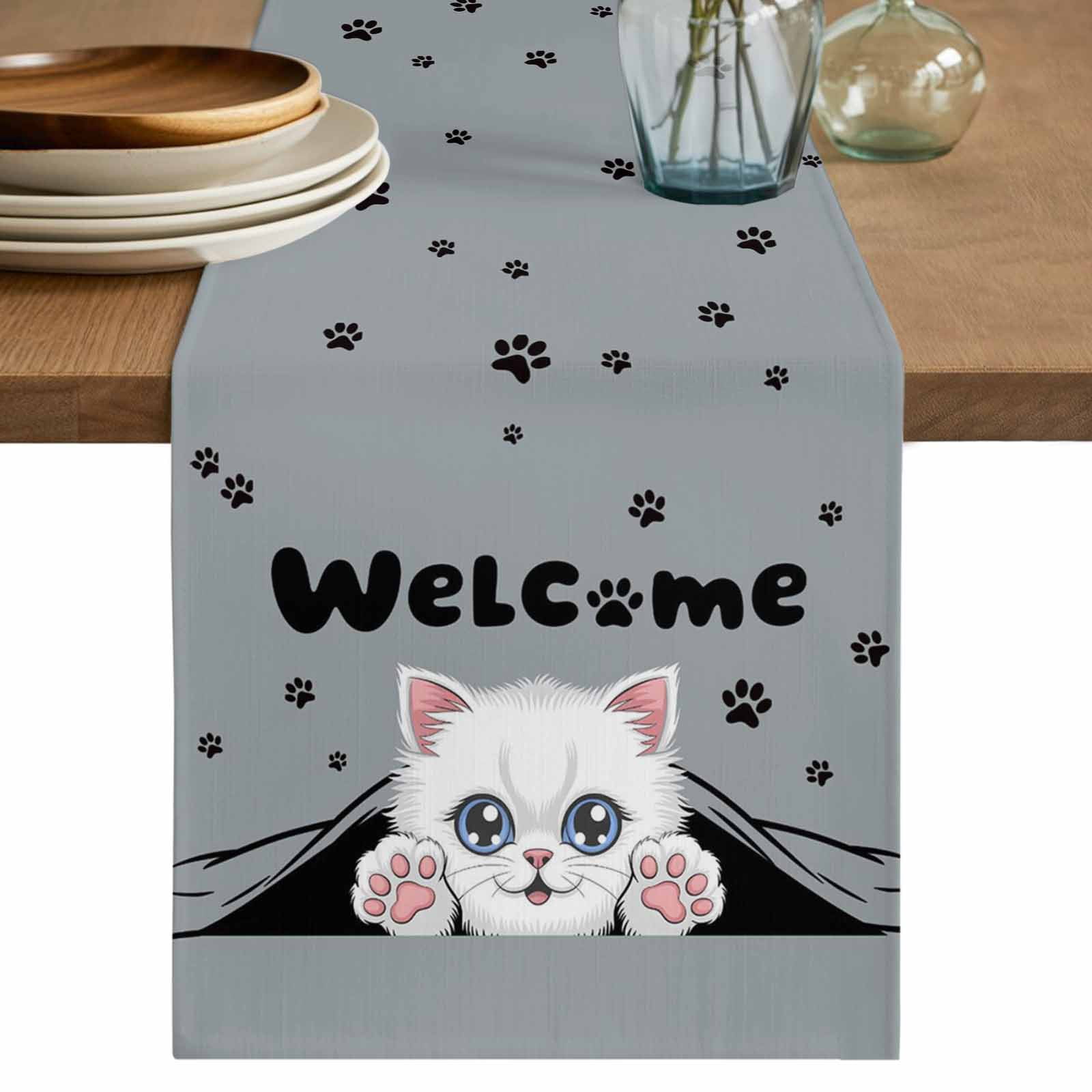 Cute Cats Table Runner 72 Inches, Vintage Cat Claws Pets Cartoon Kitten ...